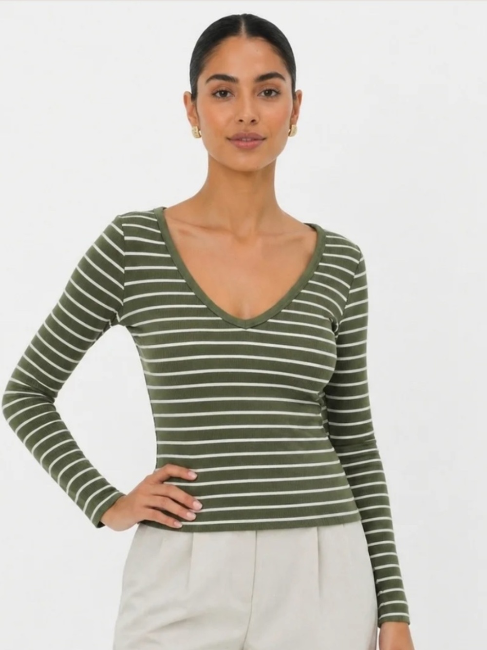 Universal Thread Green and White Striped Long-sleeve Top